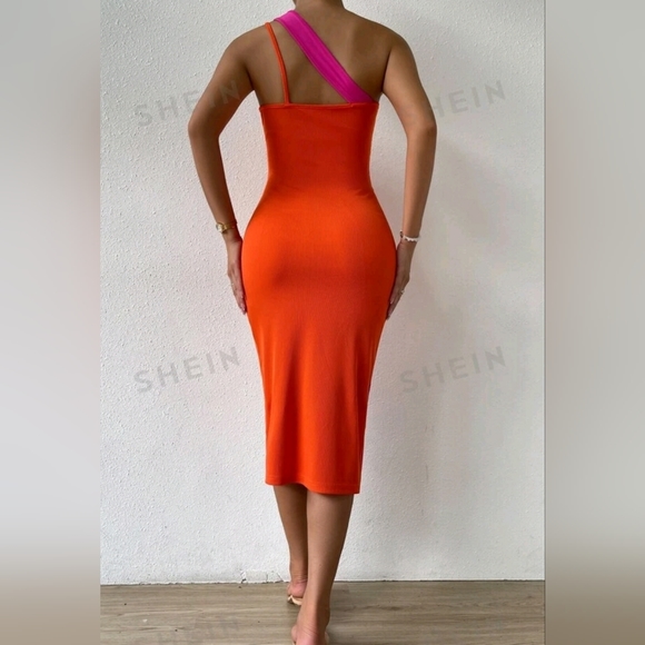 Two Tone Cut Out One Shoulder Asymmetrical Hem Dress - Picture 2 of 3